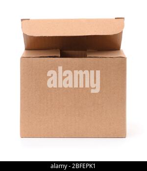 Front view of open small cardboard box isolated on white Stock Photo