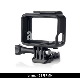 Black protective frame mount for action camera isolated on white Stock Photo