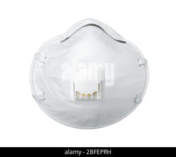 Front view of white respirator face mask with breathing valve isolated on white