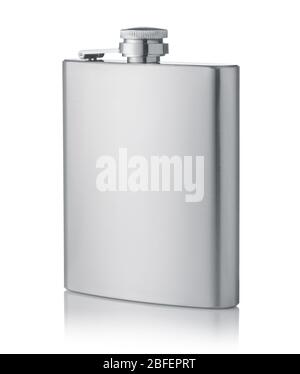 Stainless steel hip flask isolated on white Stock Photo