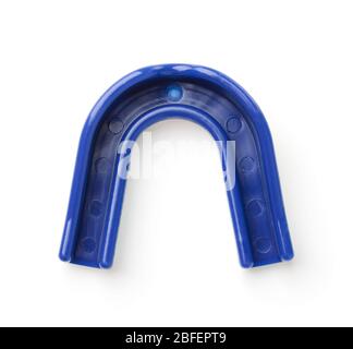 Top view of blue silicone sport mouth guard isolated on white Stock Photo