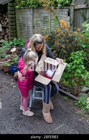 Mother and daughter inspect visors delivered in boxes to be distributed to local healthcare workers in South Wales during the Covid pandemic crisis. Stock Photo