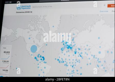 New-York , USA - April 18 , 2020: Checking map of coronovirus spread in WHO website close up view on laptop screen Stock Photo