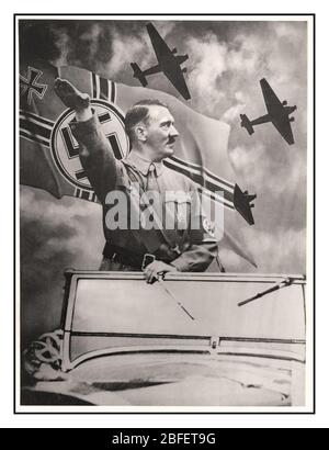 Adolf Hitler Heil Salute Montage Vintage 1940s WW2 Archive Nazi Propaganda Poster Adolf Hitler World War II with Heil Hitler salute Swastika Flag and Nazi Germany war planes Junkers Ju 88 a German World War II Luftwaffe twin-engined multirole combat aircraft montage images 1940 World War II Second World War Stock Photo