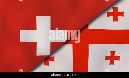 Two states flags of Switzerland and Georgia. High quality business background. 3d illustration Stock Photo