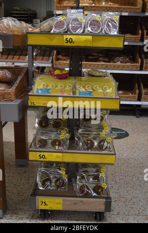 London, UK. 18 April, 2020. Morrisons slashes their prices on surplus stock of Easter Eggs as they struggle to shift huge amounts off their shelves. Stock Photo
