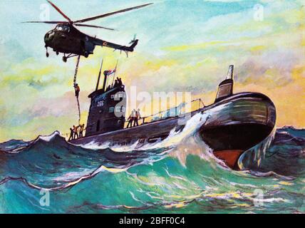 Diesel-electric attack submarine and helicopter, Soviet Navy, 1970s, Russia Stock Photo