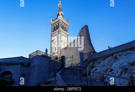 The night view of historic basilica Notre Dame de la Garde of Marseille in South France . Stock Photo