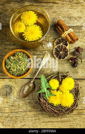 Herbal tea infusion of fresh dandelion leaf, with yellow blossoms. Medicinal plant dandelion (Taraxacum officinale). Traditional medicine. Medicinal h Stock Photo