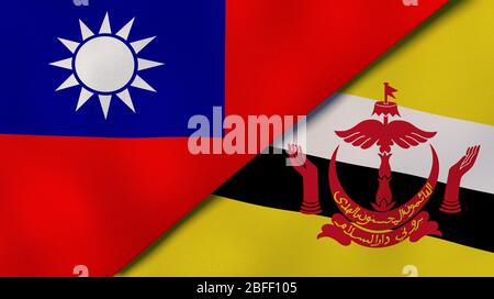 Two states flags of Taiwan and Brunei. High quality business background. 3d illustration Stock Photo