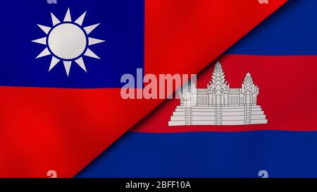 Two states flags of Taiwan and Cambodia . High quality business background. 3d illustration Stock Photo