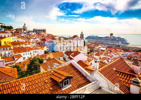 Alfama old town district viewed from Miradouro das Portas do Sol observation point in Lisbon, Portugal