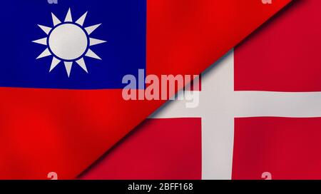 Two states flags of Taiwan and Denmark. High quality business background. 3d illustration Stock Photo