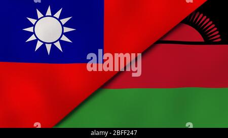 Two states flags of Taiwan and Malawi. High quality business background. 3d illustration Stock Photo