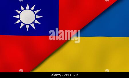 Two states flags of Taiwan and Ukraine. High quality business background. 3d illustration Stock Photo