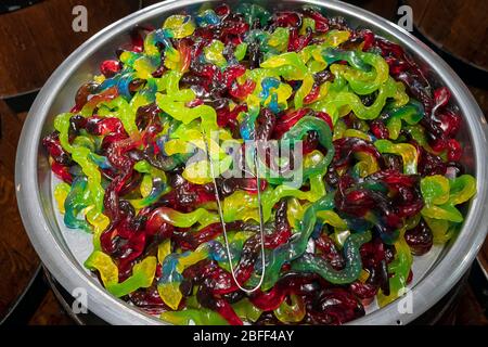A colorful display of gummy worms for sale at Captain Candy, a sweets by the pound store in the Old City of Dubrovnik, Croatia. Stock Photo