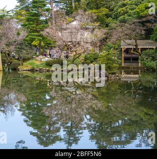 Kasumigaike pond and it tortoise shape island in Kenrokuen in Kanazawa ...