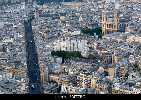 View of Rue de Rennes and Église Saint-Sulpice as seen from Tour Montparnasse, Paris Stock Photo