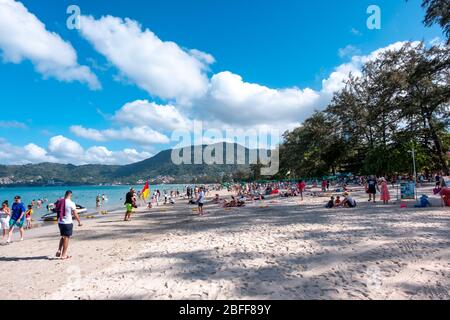 Patong Beach, Phuket / Thailand - January 15, 2020: Beach coastline side of Patong Beach at daytime hours Stock Photo
