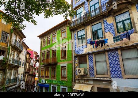 Typical historical old town houses with azulejos decoration in Porto city, Portugal