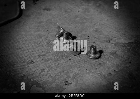 Screws close up. Four hexagon screws in the sun. Metal fasteners. Selective focus. Black and white photo. Stock Photo