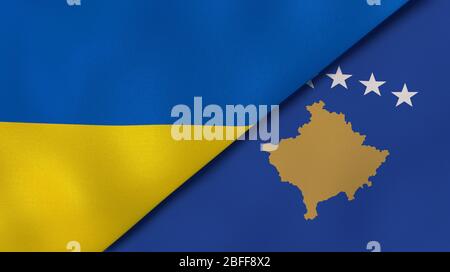 Two states flags of Ukraine and Kosovo. High quality business background. 3d illustration Stock Photo