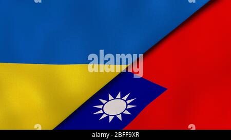 Two states flags of Ukraine and Taiwan. High quality business background. 3d illustration Stock Photo