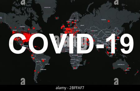 Coronavirus pandemic covid-19 inscription on the global map with red dots of infection centers. The spread of coronavirus in the world. The concept of Stock Photo