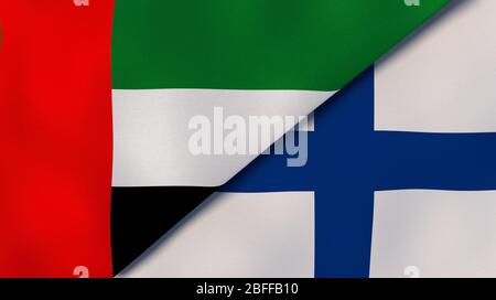 Two states flags of United Arab Emirates and Finland. High quality business background. 3d illustration Stock Photo