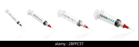 Anti vaxxer syringes, different sizes for simple vaccination and extensive global coronavirus immunization - illustration on white background. Stock Photo