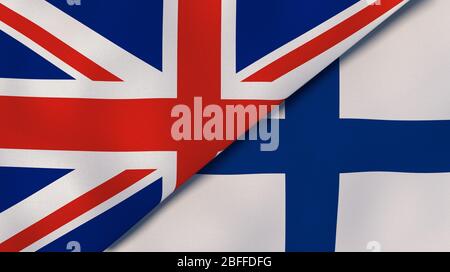 Two states flags of United Kingdom and Finland. High quality business background. 3d illustration Stock Photo