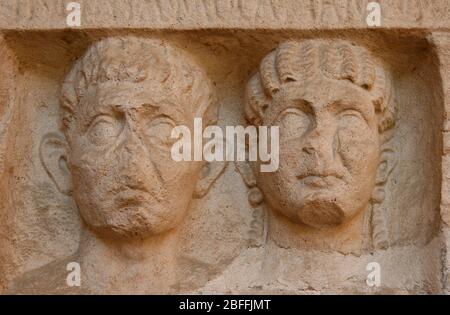 Funerary roman stele. 1st CE. Central zone. Busts: Quinto Decimio Dacico and Mocazia Gioconda. Ravenna. Italy. Stock Photo