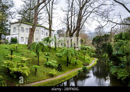 Furnas, Azores, Portugal - Jan 13, 2020: Botanical gardens in the Terra Nostra Garden area in Furnas. Water stream surrounded by green trees. House on the hill. Portuguese tourist destination. Stock Photo