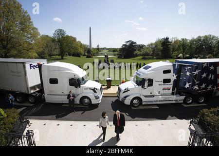 Washington, United States Of America. 16th Apr, 2020. President Donald J. Trump and Transportation Secretary Elaine Chao depart an event celebrating AmericaÕs truckers Thursday, April 16, 2020, on the South Lawn of the White House People: President Donald Trump Credit: Storms Media Group/Alamy Live News Stock Photo