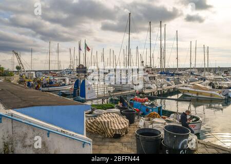 Scenic view of the harbor with rows of moored sailboats and a fisherman relaxing on the quay next his fishing boat, Sanremo, Imperia, Liguria, Italy Stock Photo