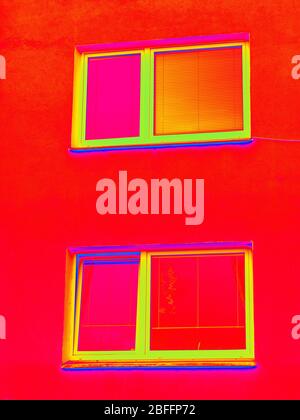 House window in thermography measurement scan. Traditional construction of flathouse with old style windows.. Infra or thermography photo Stock Photo