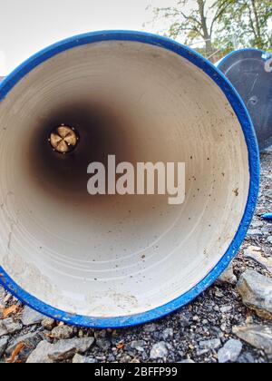 Large diameter pipe. Pipes of PVC large diameter prepared for laying on construction site Stock Photo