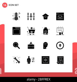 Set of 16 Commercial Solid Glyphs pack for browser, payment, birdhouse, online, business Editable Vector Design Elements Stock Vector