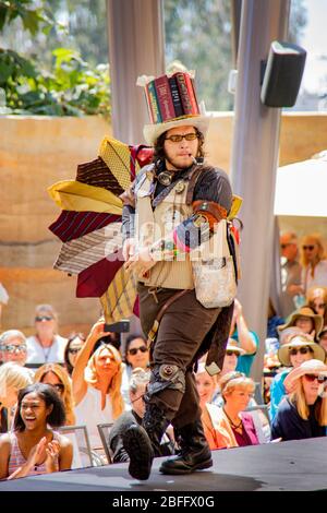 At a show of fashions made from found objects in Laguna Beach, CA, an eclectic outfit evokes H.G. Wells' sci-fi novel 'The Time Machine.' The outfit won Most Innovative Use of Materials. Stock Photo