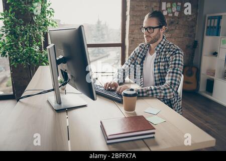 Photo of handsome business guy look computer monitor table chatting colleagues partners quarantine home remote working wear casual shirt suit sitting Stock Photo