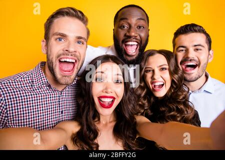 Closeup photo of gorgeous two ladies three guys company students graduation party best friends buddies making selfies positive emotions expression Stock Photo