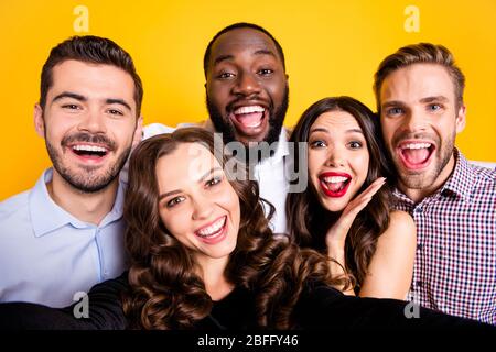 Closeup photo of attractive fancy ladies macho guys company students graduation party best friends buddies making selfies positive emotions expression Stock Photo