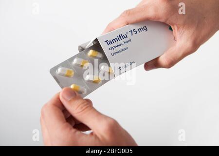 Illustrative image of a Tamiflu box and tablets. Stock Photo