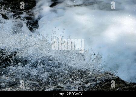 Clear, fresh stream of water splattering in a natural creek. Environmental, water conservation concept. Stock Photo