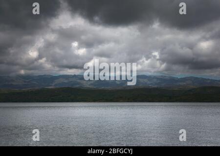 Dark storm clouds over lake La Florida, in San Luis, Argentina. Stock Photo