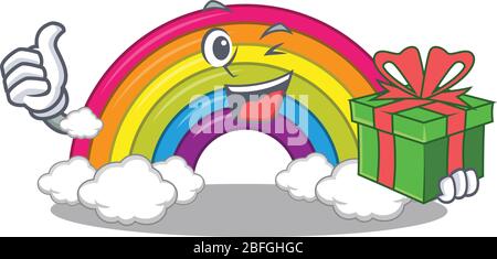 Smiling rainbow cartoon character having a green gift box Stock Vector