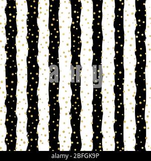 Christmas glitter seamless pattern background. Gold polka dot, foil confetti on trendy black and white stripes. Decoration for card, wallpaper Stock Vector