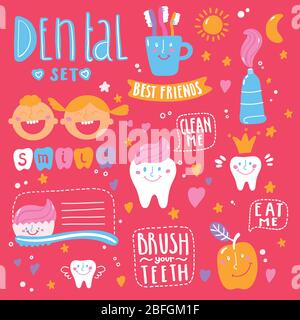 Dental hygiene for child - icons. Hand drawn oral care concept.  Stock Vector