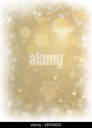 Abstract Christmas gold background with white frame and copy space. Gold abstract mesh background. Snowflakes border on blurred bokeh gold template Stock Vector