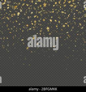 Gold star confetti rain festive pattern effect. Golden volume stars falling down isolated on black background. EPS 10 Stock Vector